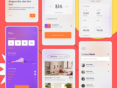 Mobile Interface Kit from thePenTool booking colorful contacts filters minimalist mobile mobile ui kit mockup onboarding profile screens send money thepentool