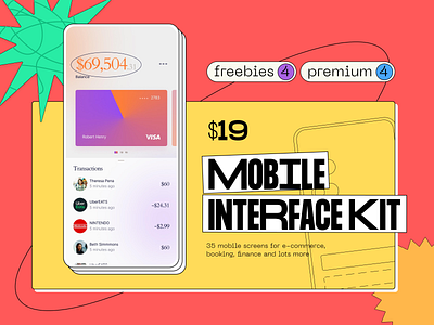 Mobile Interface Kit asset banking brutal brutalism brutalist card colorful landing landing page mobile ui kit tags thepentool transactions ui kit variable font