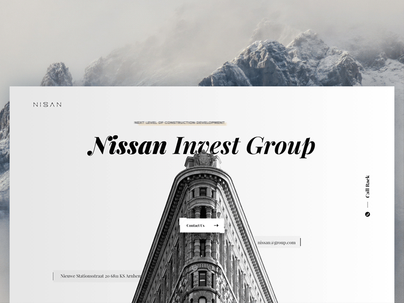 Nissan Invest Group Landing animation black and white building landing monochrome typography white landing