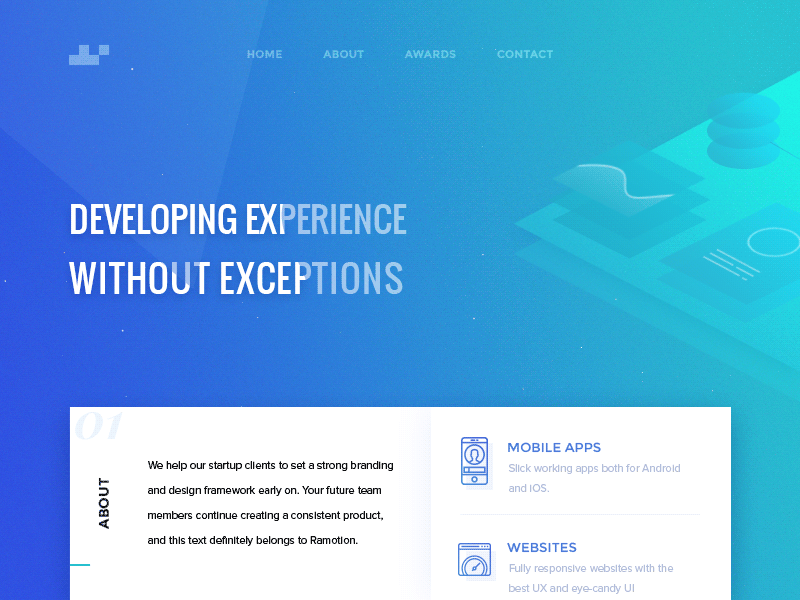 Developing Experience Without Exceptions agency blue landing gradient header landing landing animation web illustration