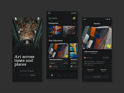 Art auction app app design app ui ux art app interface dark app ui ux