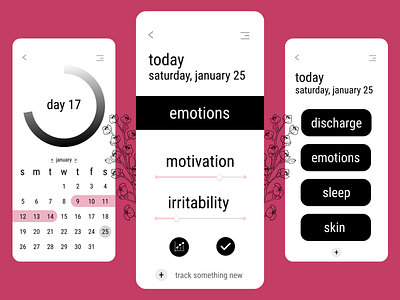 Period Tracker - Womxn's Health App calendar feminism flat girlboss health app hot pink menstruation mobile motivation ovulation period period tracker pink skin sleep tracker ui uiux women