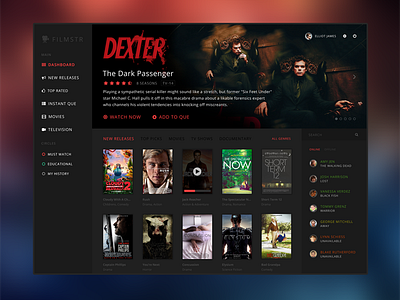 Filmstr app application dark dashboard flat menu ui user interface ux web