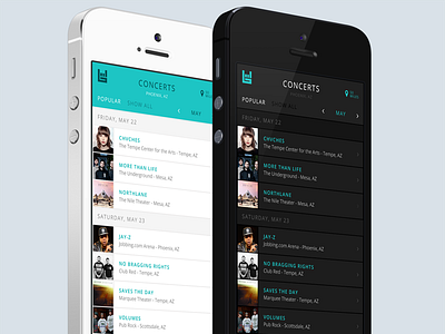Music Concert App app clean dark flat interface ios iphone light list minimal mobile ui