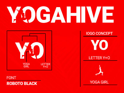 Yogahive Logo Process branding design flat graphicdesign gym illustration logo logo concept minimal modern negative space presentation red roboto symbol symbol icon typography ui ux yoga girl