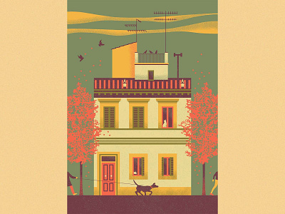 Autumn autumn cat dog house illustration postcard poster retro vintage