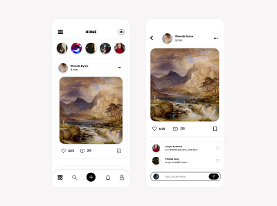 Art Gallery App - Home Screen UI adobe xd art store buy comment figma grey home home page home screen like minimal minimalism painting sell share shop social social media story white