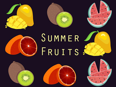 Summer Fruits adobe adobe illustrator design flat fruits icon illustration illustrator kiwi mango orange summer watermelon