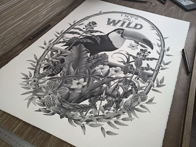 Into the wild bird black and white handlettering illustration ink letters stippling toucan typography vegetal