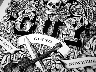 Guy Clark banner blackwhite detail drawing guitar hand drawn illustration knife music roses skull swirls