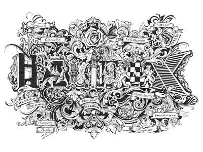 Halifax banner baroque black and white flourish halifax hand drawn historic iconography illustration place names white rose yorkshire