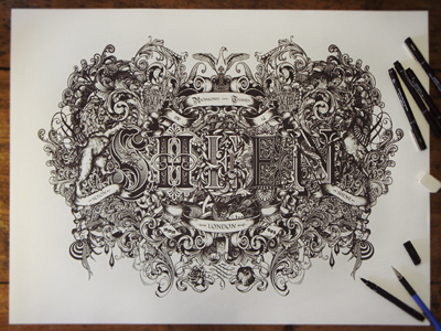 Sheen banner baroque blackwhite flourish hand drawn heraldic historic iconography illustration place names sheen south london