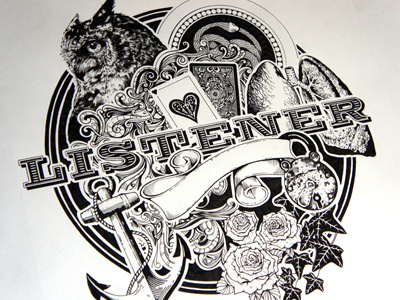 Listener Wooden Heart album cover detail drawing illustration intricate music owl paper pen
