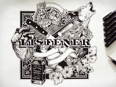 Listener Return To Struggleville album cover banner detail drawing illustration intricate knife music paper pen shotgun wolf