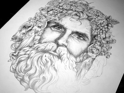 Bacchus V.1 bacchus beard dionysus drawing face grapes hair illustration paper pencil portrait
