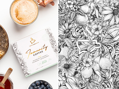 Before You Speak - 'Immunity' Coffee coffee detail drawing floral hand drawn health illustration intricate packaging pencil superfood
