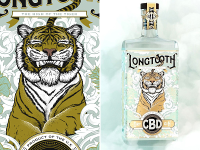 Longtooth CBD Gin adobe illustrator alcohol cbd design detail drawing gin hand drawn illustration label packaging tiger typography vector wwf