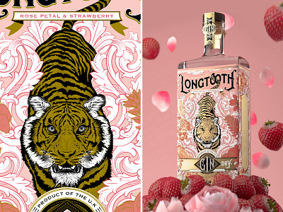 Longtooth Strawberry Gin alcohol design detail drawing gin hand drawn illustration label packaging strawberry tiger typography vector wwf