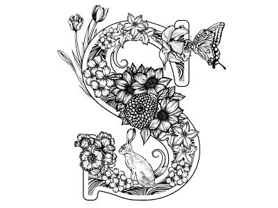 'S' is for Spring black and white butterfly detail flowers hand drawn hare letter pen pencil s spring typography