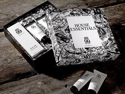 House 99 Gift Set black and white cosmetics detail drawing gift set hand drawn illustration male grooming packaging packaging design pen pencil