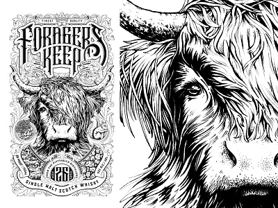 Forager's Keep whisky label_Final Art black and white bottle cow design detail drawing hair hand drawn highland illustration lettering packaging packaging design pen scottish spirits typography vector whiskey wip