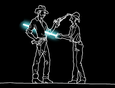 Don't bring a knife to a gun fight. Line art (white on black). after effects cowboy cowboys gun gun fight gunfight illustration illustration art illustration design illustration digital illustrator knife light saber line art lineart linework star wars western white lines wild west