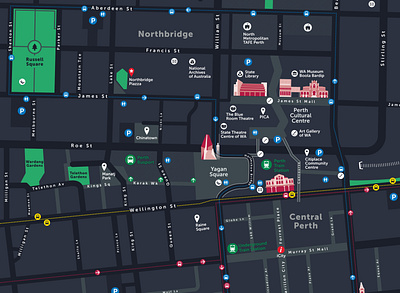 City of Perth - Wayfinding Map & Landmark Design arrow design graphic design journey map minimal pictograms signage suite user wayfinding