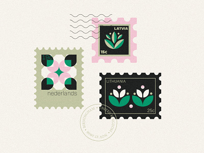 Stamps flat design flower geometic geometric art latvia letter lettermark lithuania mail nature netherlands retro font stamp design stamped stamps travel tulips typogaphy vector art vintage