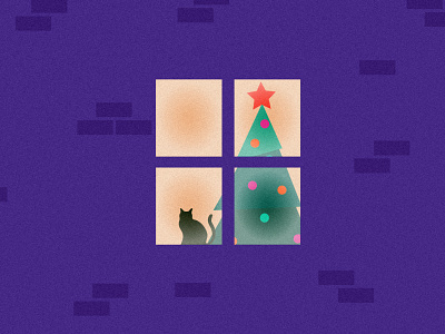 Christmas window 2d cat christmas christmas card christmas tree graphic design illustration shapes simple snow snowflake window winter