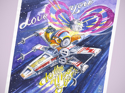 valentine's card book illustration drawing editorial illustration fox hand drawn lettering postcard star wars starwars traditional art valentine day watercolor xwing