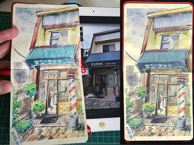 Virtual plein air aquarell barbershop drawing google street view hand drawn japan storefront plein air sketchbook sketching storefront urban sketching watercolor