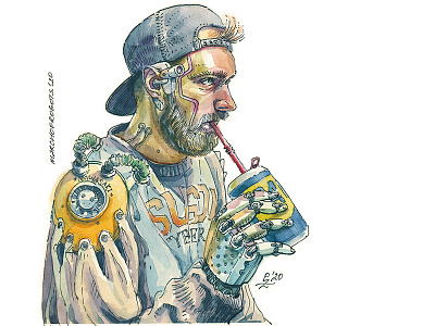 Just a guy sipping his WD40 book illustration character design concept art cyberpunk cyberpunk 2077 cyborg drawing editorial illustration fashion illustration future hand drawn hatching illustration march of robots sketch watercolor young adult