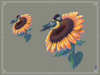 Sunflower and tit [pixel art] 16bit 8bit aseprite bird flower illustraion pixel art pixelart pixels retro art sprite sunflower tit