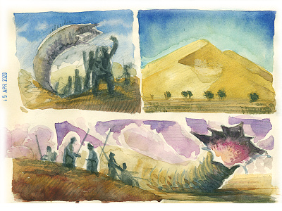 Dune preps arrakis concept art desert dune fremen hand drawn prep sandworm shai hulud sketch sketchbook storyboarding watercolor wip