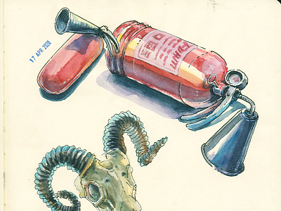 daily practice drawing fire extinguisher handdrawn illustration ink and watercolor sketch study watercolor