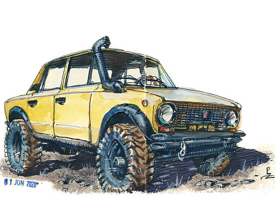 VAZ 2101 big foot book illustration car concept art drawing editorial illustrator ink sketch traditional art vaz watercolor watercolor illustration watercolour акварель