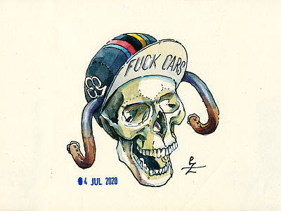 fixer's skull bicycle biker character colnago cycling hat drop bar fixed gear fixedgear fuck cars human skull illustration ink and watercolor laughing sketchbook sticker watercolor sketch watercolour