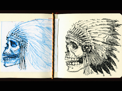 Doodle and Ink Drawing before and after black and white character cherokee chief crosshatch etching fountain pen graphic hand draw ink drawing native american redskins sioux skull art woodcut