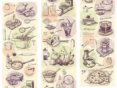 Food -n- Drink 2 (whole collection of mini illos) coffee cross hatching drink editorial food food styling isograph pizza tea woodcut