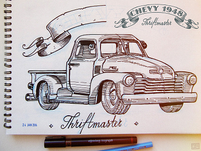 Legendary American Pickup - Chevy Thriftmaster calligraphy chevy cross hatching graphic ink isograph oldschool pickup rotring thriftmaster truck woodcut