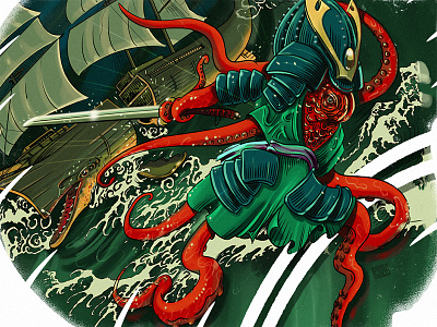 Octosamurai slashing Cachalot sailer battle digital illustration octopus sailer samurai spermwhale wacom