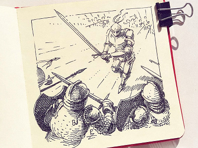 Blades out! [ inktober 2020 ] action scene blackandwhite character drawing editorial engraving etching fountainpen gravure hatching illustration ink inktober inktober2020 medieval pen and ink sketchbook storyboarding swordman woodcut