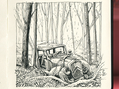 Ominous forest with abandoned car 🌳🌲 🚘 🌳 [inktober 2020]