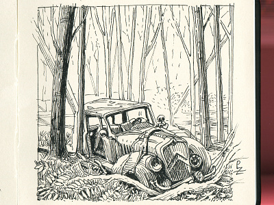 Ominous forest with abandoned car 🌳🌲 🚘 🌳 [inktober 2020] concept art drawing engraving etching graphic hatching illustration ink sketch woodcut