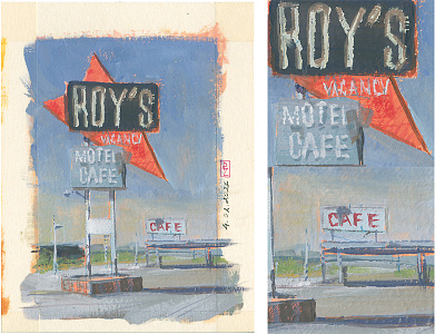 ROY'S Motel & Cafe, Neon Sign, Amboy, CA 🇺🇸 [gouache] book art cafe concept art editorial gouache gouache painting illustration motel pleinair route66 traditional art virtual pleinair