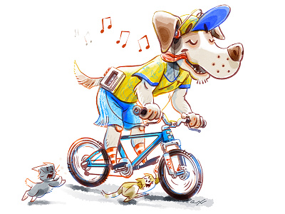 Birthday postcard for a friend [digital_art] adorable bicycle bike cartoon cat character character design cute cycling design dog drawing hound illustration music puppy rider walkman watercolor