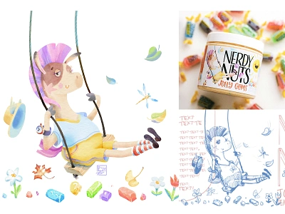 Swinging pony for Nerdy Nuts [digital art] adorable cg character character design cute digital art digital watercolor drawing fun horse illustration kid illustration nerdy nuts packaging packaging design paper label pony sketch swings watercolor