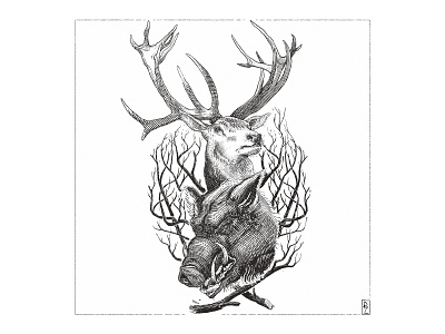 Stag and boar, tattoo design [digital art] black and white black ink boar crosshatching drawing etching graphic hatching illustration ink line art packaging design stag tattoo tattoo design woodcut