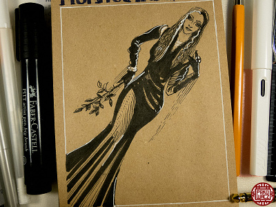 Day 19. Morticia Addams addams family drawing drawlloween graphic halloween illustration ink inktober inktober2go morticia sketch sketching
