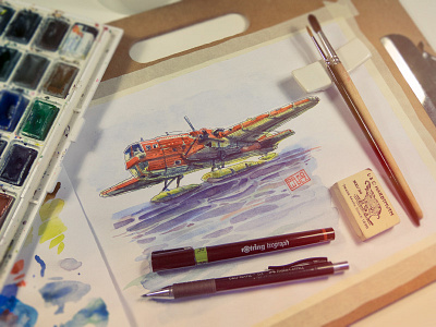 variant in watercolors concept art drawing hydroplane illustration ink retro sketch watercolor